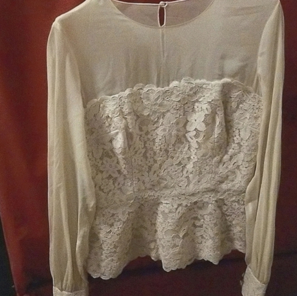 Teri Jon embroidered lace top. Sheer  sleeves/top.